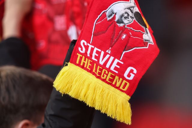A Liverpool fan holding a Stevie G, AKA Steven Gerrard scarf aloft during the UEFA Champions League Matchday 1 of 8 match Liverpool vs Atletico Madrid at Anfield, Liverpool, United Kingdom on 09 September 2026

(Photo by Alfie Cosgrove/News Images)