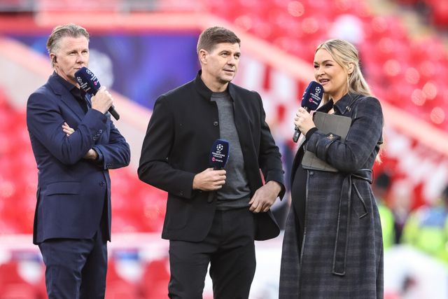 Steve McManaman (L) Steven Gerrard (C) and Laura Woods (R) during the UEFA Champions League Matchday 1 of 8 match Liverpool vs Atletico Madrid at Anfield, Liverpool, United Kingdom on 09 September 2026

(Photo by Alfie Cosgrove/News Images)
