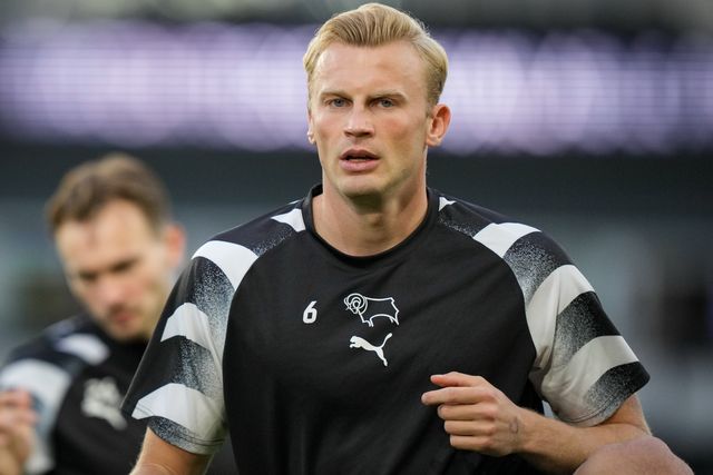 Sondre Langas of Derby County in the pregame warmup session  during the Sky Bet Championship match Derby County vs West Bromwich Albion at Pride Park Stadium, Derby, United Kingdom on 09 September 2026

(Photo by Maynard Manyowa/News Images)