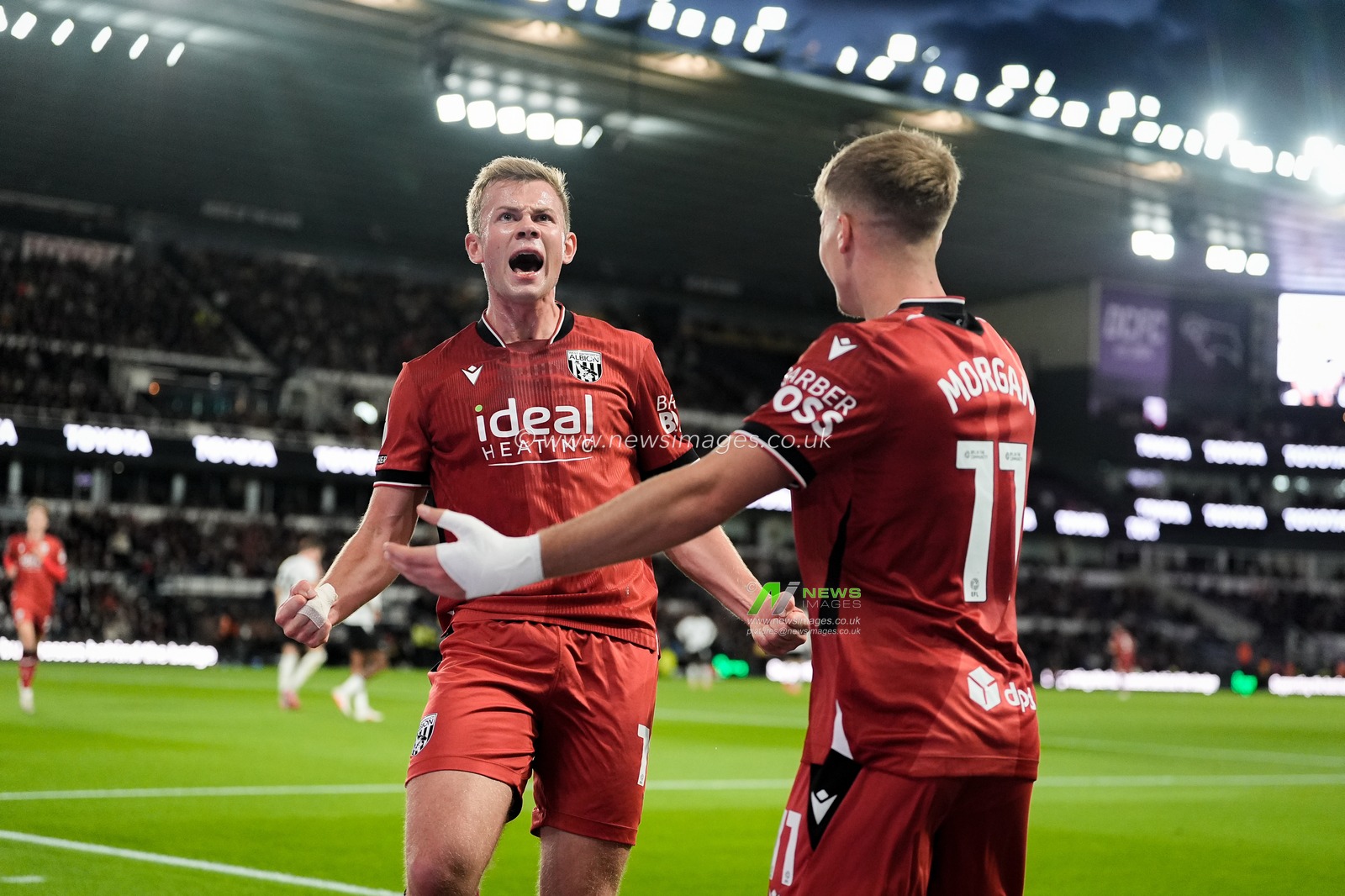 Aune Heggebø of West Bromwich Albion celebrates his goal to make it  0-1 during the Sky Bet Championship match Derby County vs West Bromwich Albion at Pride Park Stadium, Derby, United Kingdom on 09 September 2026

(Photo by Maynard Manyowa/News Images)