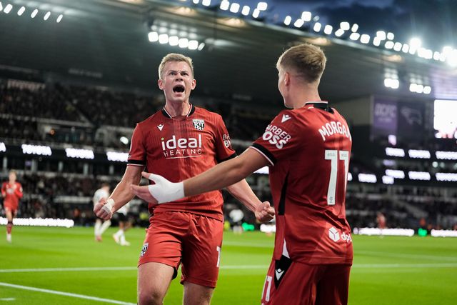 Aune Heggebø of West Bromwich Albion celebrates his goal to make it  0-1 during the Sky Bet Championship match Derby County vs West Bromwich Albion at Pride Park Stadium, Derby, United Kingdom on 09 September 2026

(Photo by Maynard Manyowa/News Images)