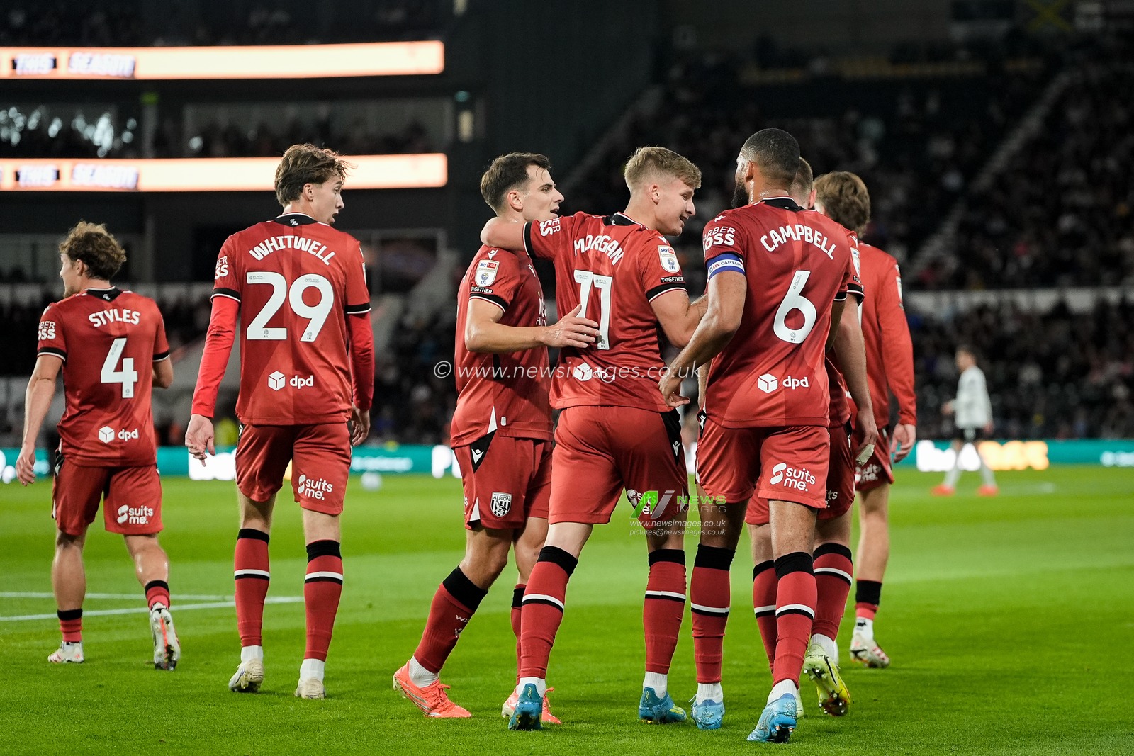Aune Heggebø of West Bromwich Albion celebrates his goal to make it  0-1 during the Sky Bet Championship match Derby County vs West Bromwich Albion at Pride Park Stadium, Derby, United Kingdom on 09 September 2026

(Photo by Maynard Manyowa/News Images)