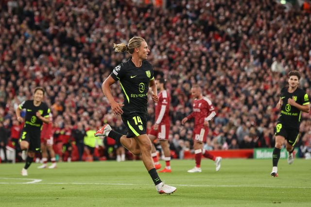 Marcos Llorente of Atlético Madrid celebrates his goal to make it 0-1 during the UEFA Champions League Matchday 1 of 8 match Liverpool vs Atletico Madrid at Anfield, Liverpool, United Kingdom on 09 September 2026

(Photo by Alfie Cosgrove/News Images)
