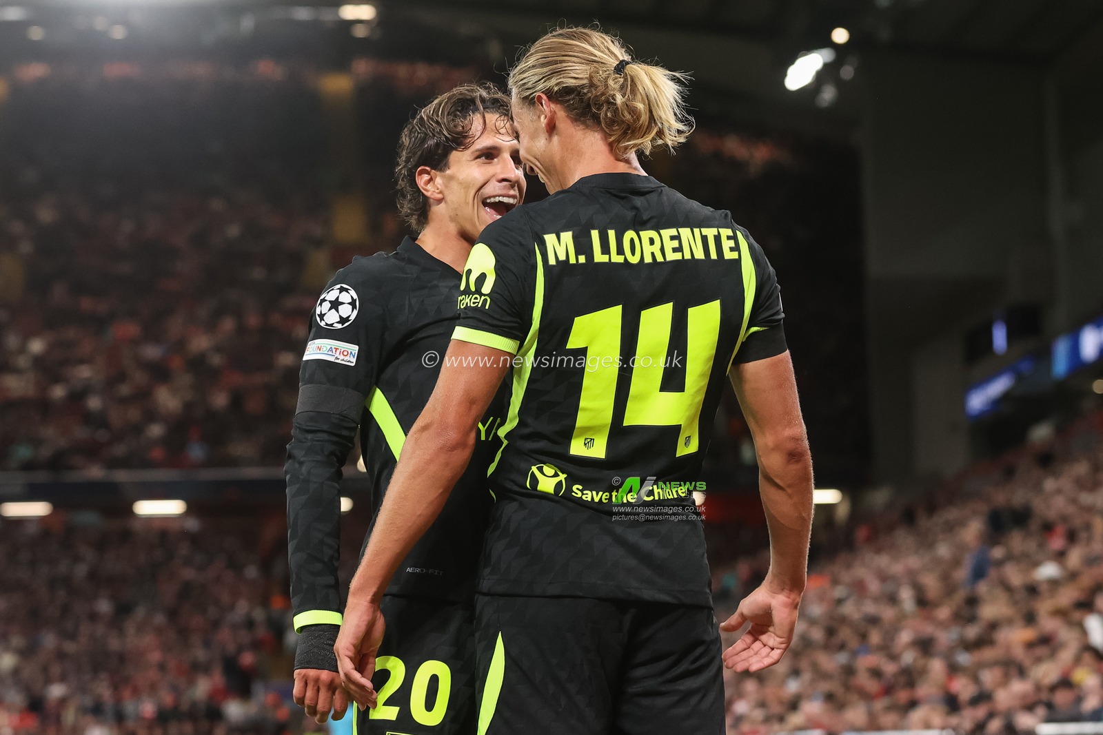 Marcos Llorente of Atlético Madrid celebrates his goal to make it 0-1 with Giuliano Simeone of Atlético Madrid during the UEFA Champions League Matchday 1 of 8 match Liverpool vs Atletico Madrid at Anfield, Liverpool, United Kingdom on 09 September 2026

(Photo by Alfie Cosgrove/News Images)