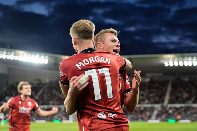 Aune Heggebø of West Bromwich Albion celebrates his goal to make it  0-1 with Jimmy Jay-Morgan of West Bromwich Albion during the Sky Bet Championship match Derby County vs West Bromwich Albion at Pride Park Stadium, Derby, United Kingdom on 09 September 2026

(Photo by Maynard Manyowa/News Images)