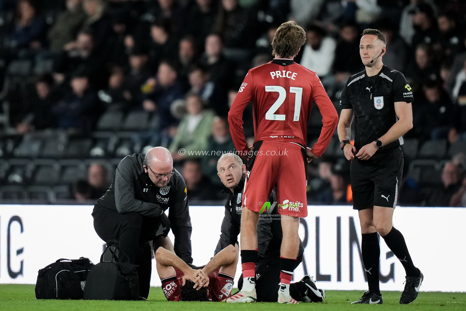 Nolan Galves of West Bromwich Albion goes down with a potential injury and receives treatment before being substituted off during the Sky Bet Championship match Derby County vs West Bromwich Albion at Pride Park Stadium, Derby, United Kingdom on 09 September 2026

(Photo by Maynard Manyowa/News Images)