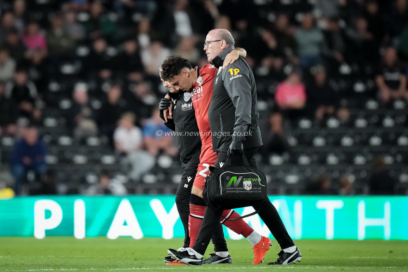 Nolan Galves of West Bromwich Albion goes down with a potential injury and receives treatment before being substituted off during the Sky Bet Championship match Derby County vs West Bromwich Albion at Pride Park Stadium, Derby, United Kingdom on 09 September 2026

(Photo by Maynard Manyowa/News Images)