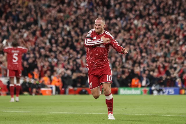 Alexis Mac Allister of Liverpool celebrates his goal to make it 2-1 during the UEFA Champions League Matchday 1 of 8 match Liverpool vs Atletico Madrid at Anfield, Liverpool, United Kingdom on 09 September 2026

(Photo by Alfie Cosgrove/News Images)