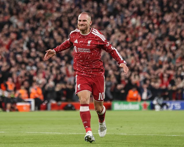 Alexis Mac Allister of Liverpool celebrates his goal to make it 2-1 during the UEFA Champions League Matchday 1 of 8 match Liverpool vs Atletico Madrid at Anfield, Liverpool, United Kingdom on 09 September 2026

(Photo by Alfie Cosgrove/News Images)