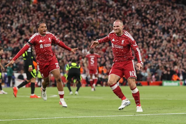 Alexis Mac Allister of Liverpool celebrates his goal to make it 2-1 during the UEFA Champions League Matchday 1 of 8 match Liverpool vs Atletico Madrid at Anfield, Liverpool, United Kingdom on 09 September 2026

(Photo by Alfie Cosgrove/News Images)