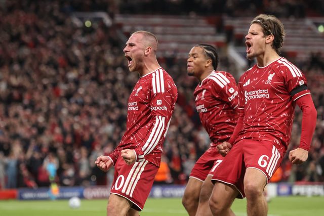 Alexis Mac Allister of Liverpool celebrates his goal to make it 2-1 during the UEFA Champions League Matchday 1 of 8 match Liverpool vs Atletico Madrid at Anfield, Liverpool, United Kingdom on 09 September 2026

(Photo by Alfie Cosgrove/News Images)