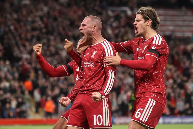 Alexis Mac Allister of Liverpool celebrates his goal to make it 2-1 during the UEFA Champions League Matchday 1 of 8 match Liverpool vs Atletico Madrid at Anfield, Liverpool, United Kingdom on 09 September 2026

(Photo by Alfie Cosgrove/News Images)