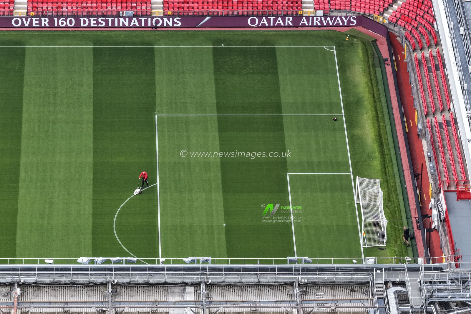 Ground staff pain the white lines on the pitch ahead of kickoff during the UEFA Champions League Matchday 1 of 8 match Manchester United vs Sabah FK at Old Trafford, Manchester, United Kingdom on 10 September 2026

(Photo by Mark Cosgrove/News Images)