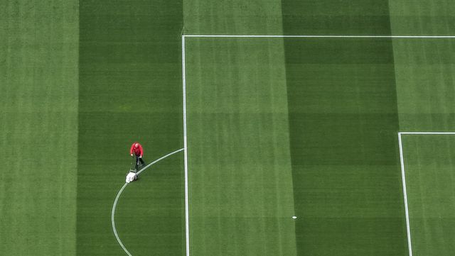 Ground staff pain the white lines on the pitch ahead of kickoff during the UEFA Champions League Matchday 1 of 8 match Manchester United vs Sabah FK at Old Trafford, Manchester, United Kingdom on 10 September 2026

(Photo by Mark Cosgrove/News Images)