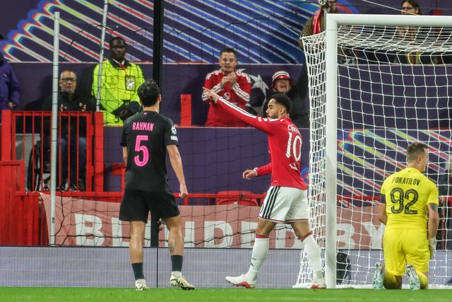 Matheus Cunha of Manchester United celebrates his goal to make it 1-0 during the UEFA Champions League Matchday 1 of 8 match Manchester United vs Sabah FK at Old Trafford, Manchester, United Kingdom on 10 September 2026

(Photo by Mark Cosgrove/News Images)
