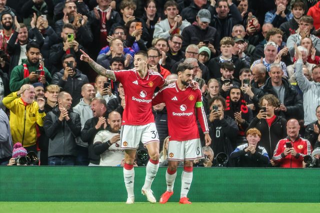 Benjamin Sesko of Manchester United celebrates his goal to make it 3-0 during the UEFA Champions League Matchday 1 of 8 match Manchester United vs Sabah FK at Old Trafford, Manchester, United Kingdom on 10 September 2026

(Photo by Mark Cosgrove/News Images)