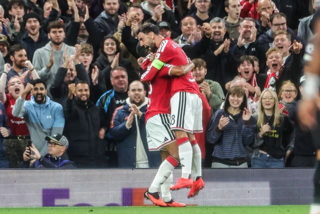 Bruno Fernandes of Manchester United celebrates his goal to make it 2-0 during the UEFA Champions League Matchday 1 of 8 match Manchester United vs Sabah FK at Old Trafford, Manchester, United Kingdom on 10 September 2026

(Photo by Mark Cosgrove/News Images)