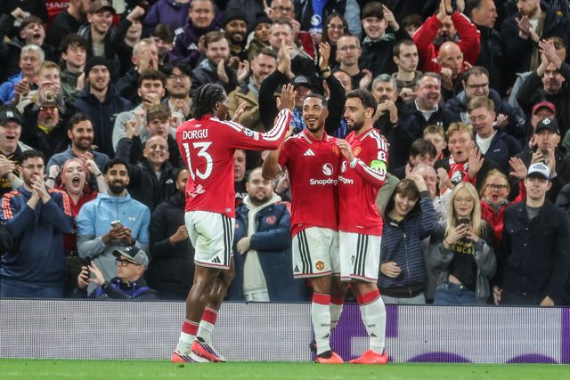 Bruno Fernandes of Manchester United celebrates his goal to make it 2-0 during the UEFA Champions League Matchday 1 of 8 match Manchester United vs Sabah FK at Old Trafford, Manchester, United Kingdom on 10 September 2026

(Photo by Mark Cosgrove/News Images)