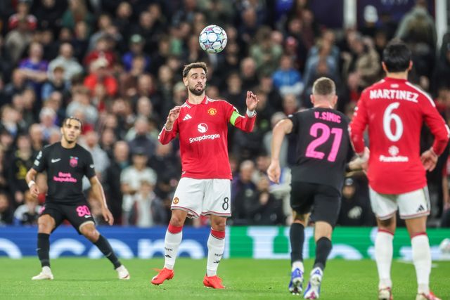 Bruno Fernandes of Manchester United heads the ball during the UEFA Champions League Matchday 1 of 8 match Manchester United vs Sabah FK at Old Trafford, Manchester, United Kingdom on 10 September 2026

(Photo by Mark Cosgrove/News Images)