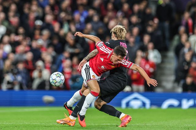 Shea Lacey of Manchester United and Tymoteusz Puchacz of Sabah FK battle for the ball during the UEFA Champions League Matchday 1 of 8 match Manchester United vs Sabah FK at Old Trafford, Manchester, United Kingdom on 10 September 2026

(Photo by Mark Cosgrove/News Images)