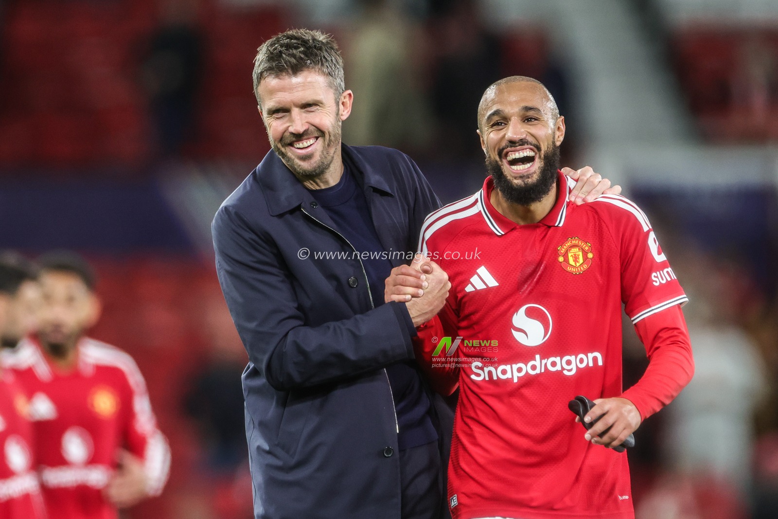 Michael Carrick manager of Manchester United and Noussair Mazraoui of Manchester United celebrate the win during the UEFA Champions League Matchday 1 of 8 match Manchester United vs Sabah FK at Old Trafford, Manchester, United Kingdom on 10 September 2026

(Photo by Mark Cosgrove/News Images)