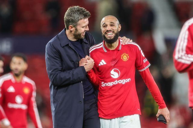 Michael Carrick manager of Manchester United and Noussair Mazraoui of Manchester United celebrate the win during the UEFA Champions League Matchday 1 of 8 match Manchester United vs Sabah FK at Old Trafford, Manchester, United Kingdom on 10 September 2026

(Photo by Mark Cosgrove/News Images)
