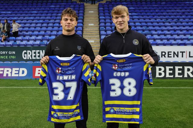 Patrick Irwin and Daniel Coop of Warrington Wolves are presented their debut shirts during the Betfred Super League round 27 match Warrington Wolves vs Toulouse Olympique at The Halliwell Jones Stadium, Warrington, United Kingdom on 11 September 2026

(Photo by Mark Cosgrove/News Images)