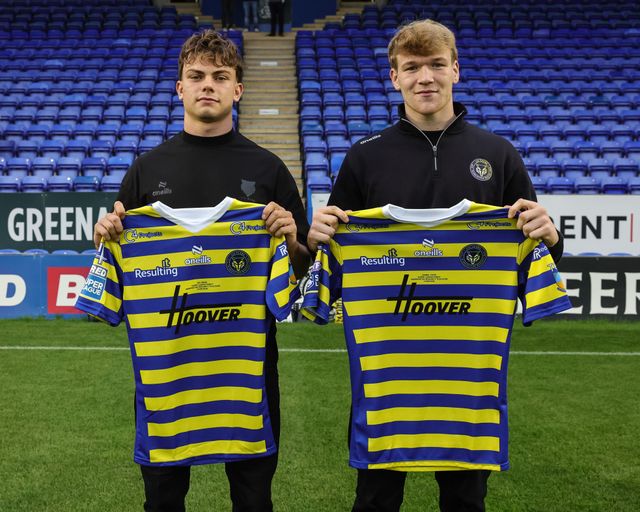 Patrick Irwin and Daniel Coop of Warrington Wolves are presented their debut shirts during the Betfred Super League round 27 match Warrington Wolves vs Toulouse Olympique at The Halliwell Jones Stadium, Warrington, United Kingdom on 11 September 2026

(Photo by Mark Cosgrove/News Images)