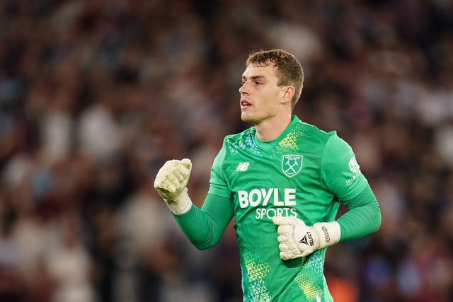 West Ham United goalkeeper Mads Hermansen celebrates 2-0 lead during the Sky Bet Championship match West Ham United vs Wrexham at London Stadium, London, United Kingdom on 11 September 2026

(Photo by Harvey Murphy/News Images)