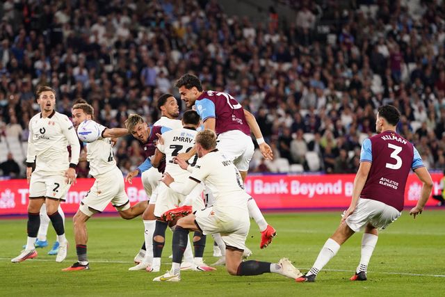 Konstantinos Mavropanos of West Ham United heads home to make it 3-0 during the Sky Bet Championship match West Ham United vs Wrexham at London Stadium, London, United Kingdom on 11 September 2026

(Photo by Harvey Murphy/News Images)