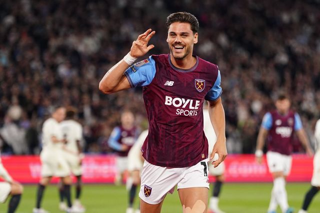 Konstantinos Mavropanos of West Ham United celebrates his goal during the Sky Bet Championship match West Ham United vs Wrexham at London Stadium, London, United Kingdom on 11 September 2026

(Photo by Harvey Murphy/News Images)