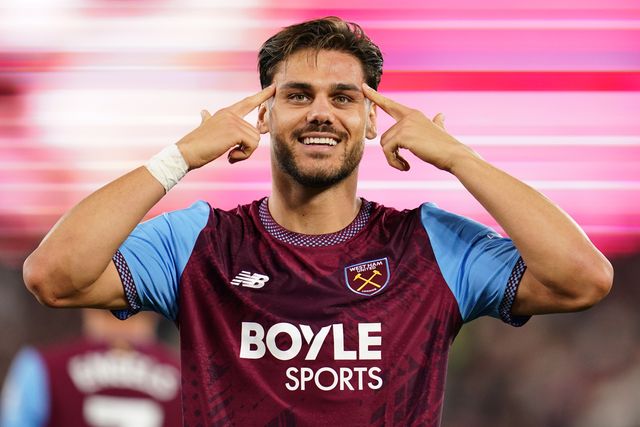 Konstantinos Mavropanos of West Ham United after his goal during the Sky Bet Championship match West Ham United vs Wrexham at London Stadium, London, United Kingdom on 11 September 2026

(Photo by Harvey Murphy/News Images)