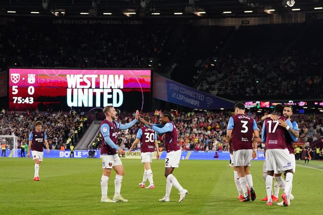 West Ham players celebrate 5-0 lead during the Sky Bet Championship match West Ham United vs Wrexham at London Stadium, London, United Kingdom on 11 September 2026

(Photo by Harvey Murphy/News Images)