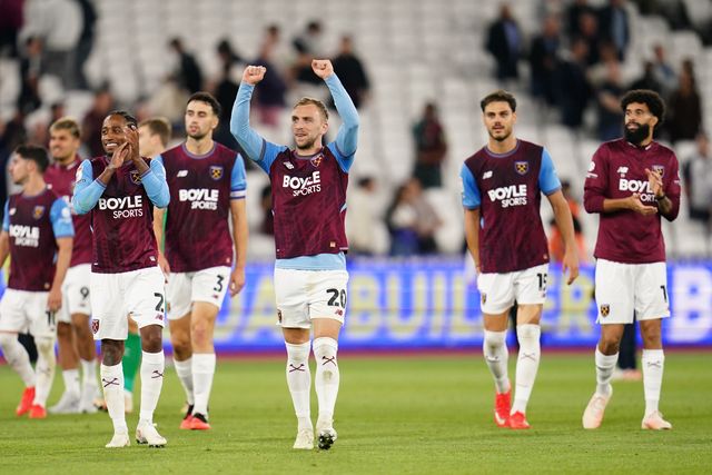 Jarrod Bowen of West Ham United celebrates 6-0 win with home support at full time during the Sky Bet Championship match West Ham United vs Wrexham at London Stadium, London, United Kingdom on 11 September 2026

(Photo by Harvey Murphy/News Images)