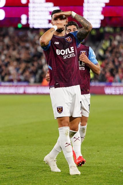 Valentin Castellanos of West Ham United celebrates his goal during the Sky Bet Championship match West Ham United vs Wrexham at London Stadium, London, United Kingdom on 11 September 2026

(Photo by Harvey Murphy/News Images)