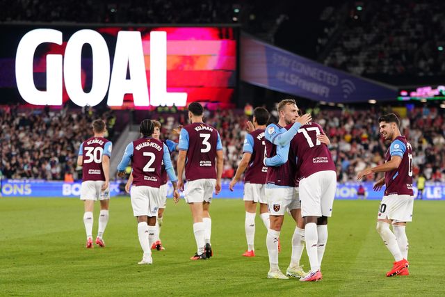 West Ham players celebrate 5-0 lead during the Sky Bet Championship match West Ham United vs Wrexham at London Stadium, London, United Kingdom on 11 September 2026

(Photo by Harvey Murphy/News Images)