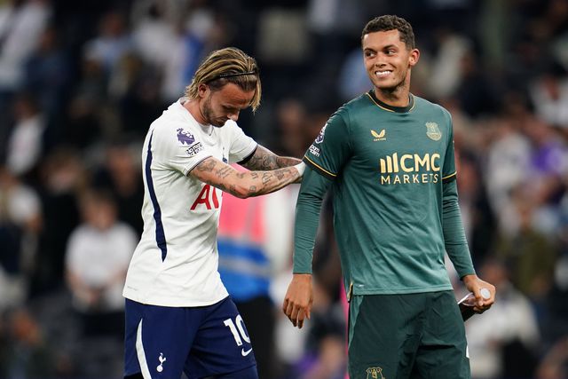 James Maddison of Tottenham Hotspur and Brennan Johnson of Everton at full time during the Premier League match Tottenham Hotspur vs Everton at Tottenham Hotspur Stadium, London, United Kingdom on 12 September 2026

(Photo by Harvey Murphy/News Images)