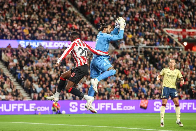 Arsenal goalkeeper David Raya jumps up to win the high ball from Nordi Mukiele of Sunderland during the Premier League match Sunderland vs Arsenal at Stadium Of Light, Sunderland, United Kingdom on 12 September 2026

(Photo by Alfie Cosgrove/News Images)
