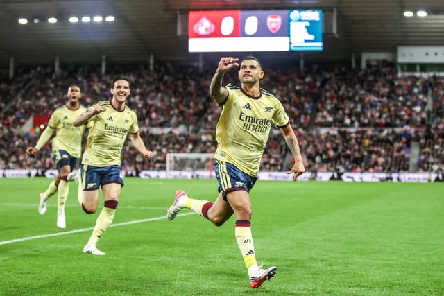 Bruno Guimaraes of Arsenal celebrates his goal to make it 0-1 during the Premier League match Sunderland vs Arsenal at Stadium Of Light, Sunderland, United Kingdom on 12 September 2026

(Photo by Alfie Cosgrove/News Images)