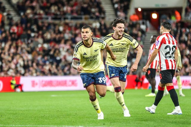 Bruno Guimaraes of Arsenal celebrates his goal to make it 0-1 during the Premier League match Sunderland vs Arsenal at Stadium Of Light, Sunderland, United Kingdom on 12 September 2026

(Photo by Alfie Cosgrove/News Images)