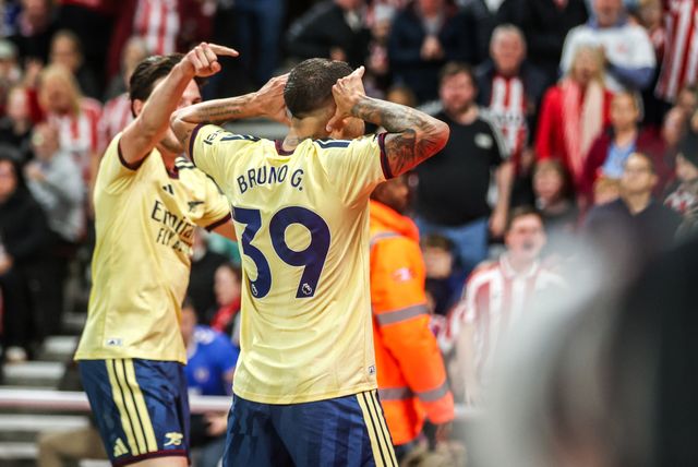 Bruno Guimaraes of Arsenal celebrates his goal to make it 0-1 during the Premier League match Sunderland vs Arsenal at Stadium Of Light, Sunderland, United Kingdom on 12 September 2026

(Photo by Alfie Cosgrove/News Images)
