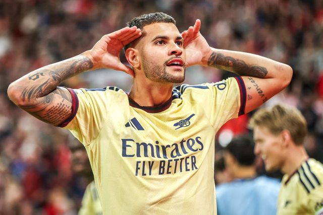 Bruno Guimaraes of Arsenal celebrates his goal to make it 0-1 during the Premier League match Sunderland vs Arsenal at Stadium Of Light, Sunderland, United Kingdom on 12 September 2026

(Photo by Alfie Cosgrove/News Images)