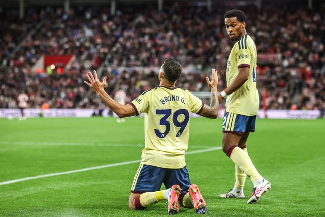 Bruno Guimaraes of Arsenal celebrates his goal to make it 0-1 during the Premier League match Sunderland vs Arsenal at Stadium Of Light, Sunderland, United Kingdom on 12 September 2026

(Photo by Alfie Cosgrove/News Images)