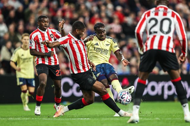 Bukayo Saka of Arsenal takes a shot on goal during the Premier League match Sunderland vs Arsenal at Stadium Of Light, Sunderland, United Kingdom on 12 September 2026

(Photo by Alfie Cosgrove/News Images)