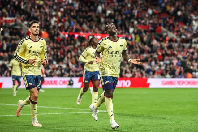 Bukayo Saka of Arsenal celebrates his goal to make it 0-2 during the Premier League match Sunderland vs Arsenal at Stadium Of Light, Sunderland, United Kingdom on 12 September 2026

(Photo by Alfie Cosgrove/News Images)