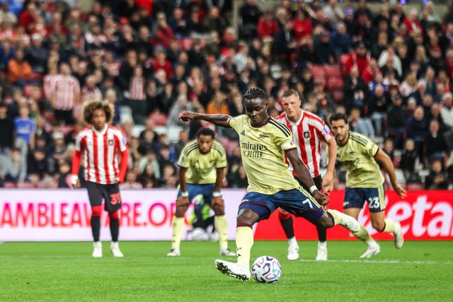 Bukayo Saka of Arsenal scores a penalty to make it 0-2 during the Premier League match Sunderland vs Arsenal at Stadium Of Light, Sunderland, United Kingdom on 12 September 2026

(Photo by Alfie Cosgrove/News Images)