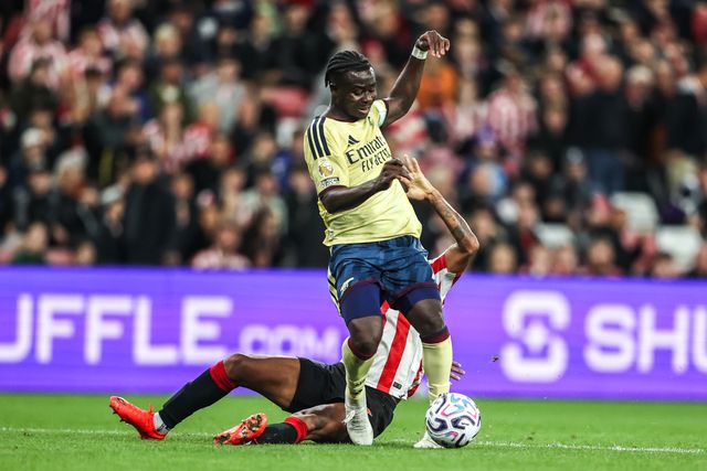 Bukayo Saka of Arsenal is fouled in the box by Reinildo Mandava of Sunderland to award a penalty to Arsenal during the Premier League match Sunderland vs Arsenal at Stadium Of Light, Sunderland, United Kingdom on 12 September 2026

(Photo by Alfie Cosgrove/News Images)