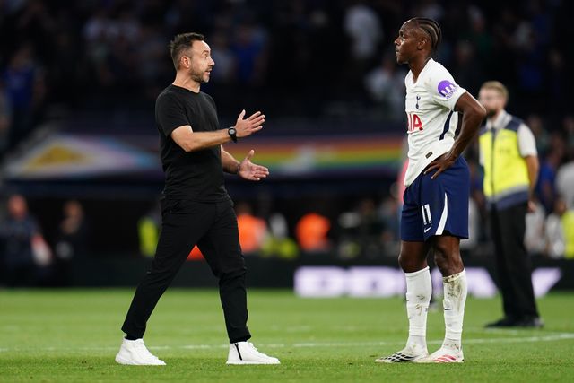 Roberto De Zerbi manager of Tottenham Hotspur and Mathys Tel of Tottenham Hotspur at full time during the Premier League match Tottenham Hotspur vs Everton at Tottenham Hotspur Stadium, London, United Kingdom on 12 September 2026

(Photo by Harvey Murphy/News Images)