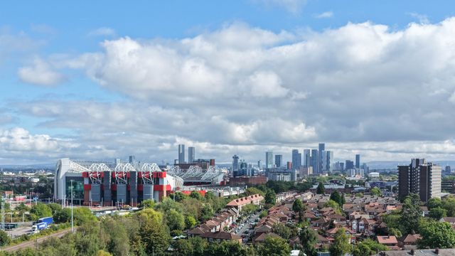 An aerial view of Old Trafford and the City of Manchester in the background during the Premier League match Manchester United vs Manchester City at Old Trafford, Manchester, United Kingdom on 13 September 2026

(Photo by Mark Cosgrove/News Images)