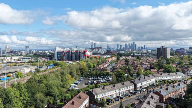 An aerial view of Old Trafford and the City of Manchester in the background during the Premier League match Manchester United vs Manchester City at Old Trafford, Manchester, United Kingdom on 13 September 2026

(Photo by Mark Cosgrove/News Images)
